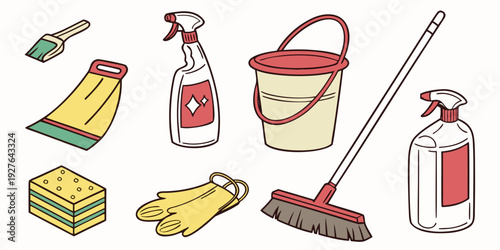 An assortment of cleaning supplies arranged neatly on a white background. Vector