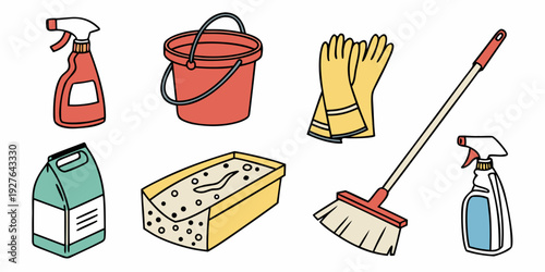 A variety of cleaning supplies and tools arranged neatly on a white background Vector