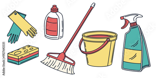 Assorted cleaning supplies and tools arranged on a white background Vector