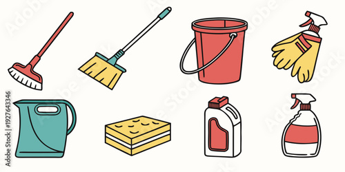 Assorted cleaning supplies arranged neatly on a white background Vector