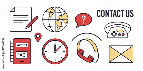 A collection of icons representing various aspects of business and communication. Vector