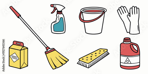 Cleaning supplies arranged neatly on a white background Vector