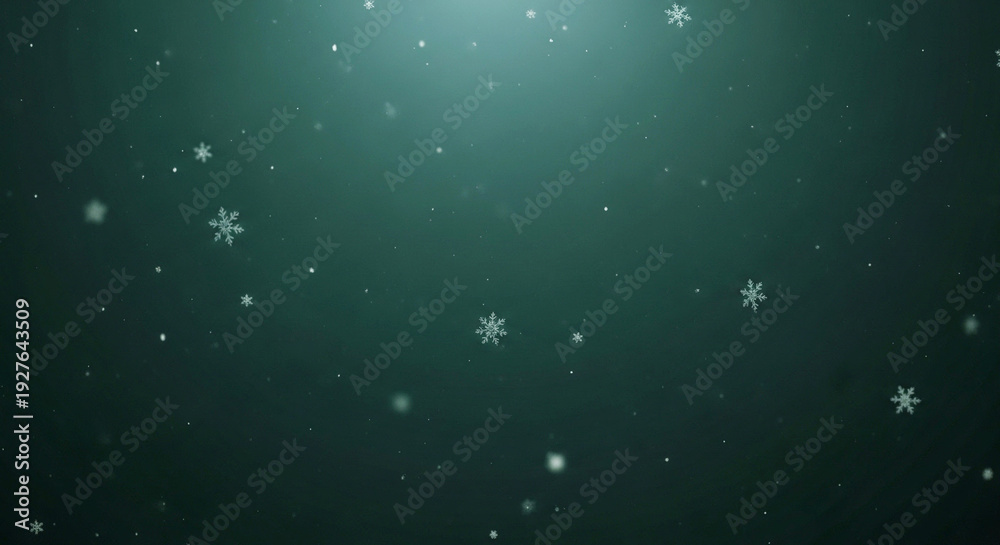 Fototapeta premium snowflakes falling on dark green background with light beam