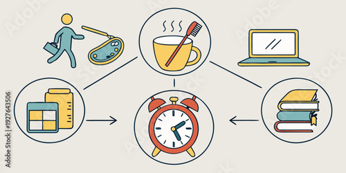 Illustration of a workflow involving document management, data processing, and digital security Vector