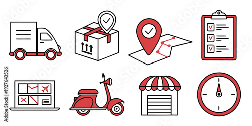 A collection of delivery and logistics icons representing various services and vehicles Vector