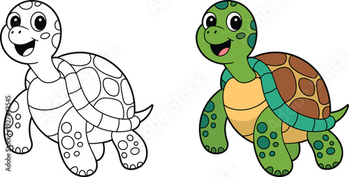 Cute turtle cartoon character with outline and colored versions isolated on white background animal mascot vector illustration for kids design