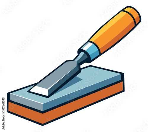 Cartoon style illustration of a chisel depicting sharpening on a whetstone for woodworking projects
