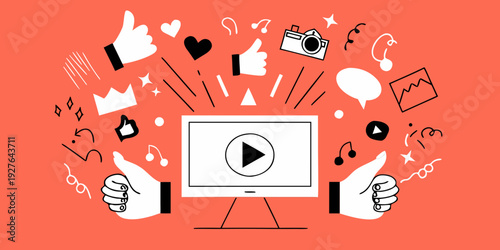Colorful illustration featuring social media icons and a video player