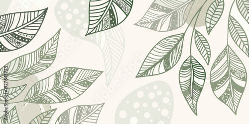 Stylized botanical illustration featuring detailed leaf and petal shapes