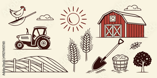 A vibrant illustration showcasing various farming tools and agricultural activities Vector
