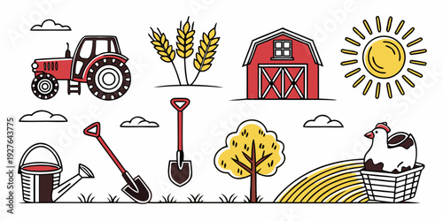 A vibrant illustration of various farming tools and equipment set against a rustic background Vector