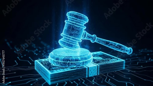 Digital Gavel Strikes Stack Of Dollar Bills Legal Action In Financial Context With Circuit Board Design In The Background For Legal Tech Visualizations