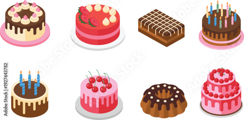 Delicious cake collection vector set with chocolate strawberry birthday and cream desserts, sweet bakery illustration assortment for menu design, celebration, and food branding