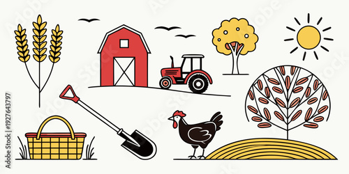 A diverse collection of farm animals, tools, and natural elements Vector