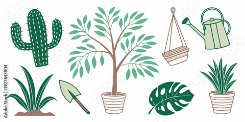 A vibrant illustration of various potted plants and cacti arranged in a garden setting Vector