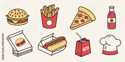 An assortment of fast food items including pizza, fries, and a hot dog. Vector