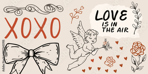 A playful illustration featuring love themed elements and hand lettered text