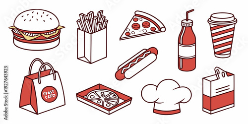 Assorted fast food items including burgers, fries, and drinks displayed on a table Vector