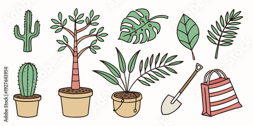 A vibrant illustration of various potted plants and gardening tools Vector