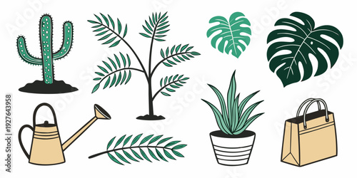 A vibrant illustration of various houseplants and gardening tools in a modern aesthetic Vector