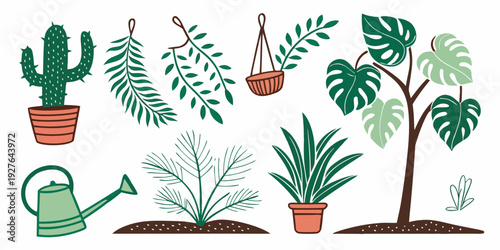 A vibrant array of indoor plants and gardening tools displayed in a charming setting Vector