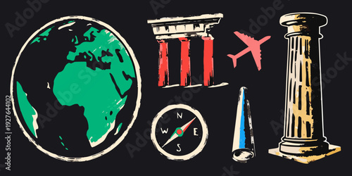A colorful illustration depicting travel elements globe landmarks and navigation