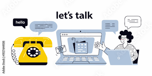 Communication methods illustrated with a laptop phone and messaging bubbles