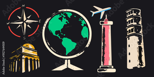 Travel icons featuring a globe landmarks and navigational elements