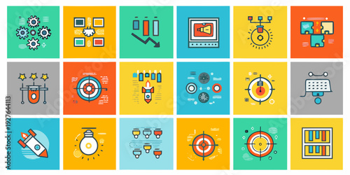 Colorful flat design icons representing business technology and progress