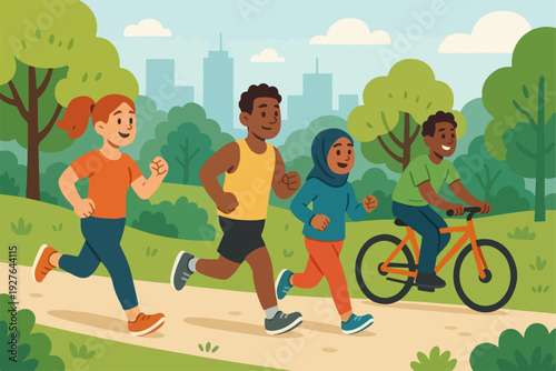 flat vector illustration of diverse people jogging and cycling in a city park