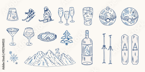 Winter themed doodles featuring skiing drinks and festive decorations