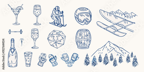 Collection of hand drawn sketches depicting various leisure and winter activities