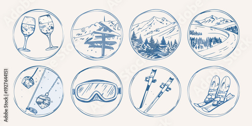 Collection of hand drawn travel and leisure icons in blue tones
