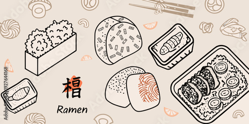 A collection of hand drawn sushi maki and ramen themed illustrations