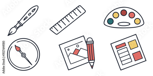 A collection of art supplies including a paintbrush, palette, and sketchbook. Vector