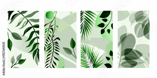 Abstract botanical patterns in shades of green arranged in vertical panels