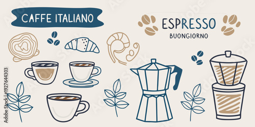 Italian coffee elements espresso croissants and brewing equipment illustration