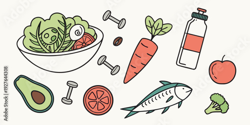 Colorful illustration of fresh vegetables and fruits with cooking utensils Vector