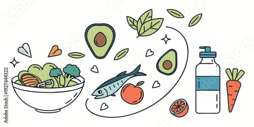 A colorful illustration of various healthy foods and their benefits Vector