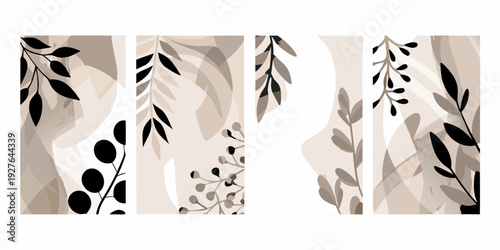 Abstract botanical artwork featuring stylized leaves and neutral tones