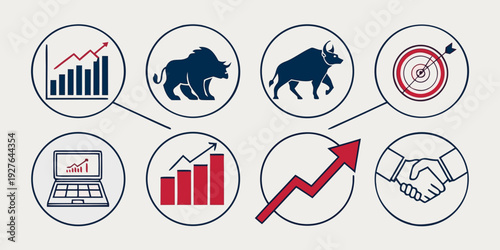 Icons representing various aspects of business and finance, including growth and success. Vector