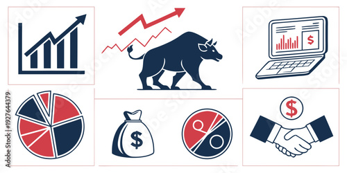 Icons representing various aspects of finance and investment strategies. Vector