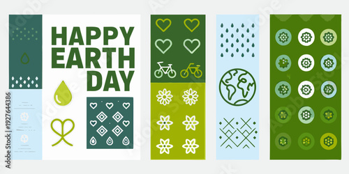 Happy earth day themed graphic with hearts plants and bicycle illustrations