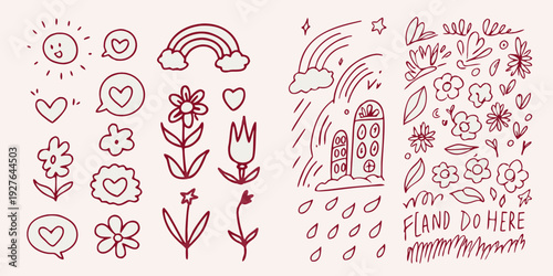 Hand drawn doodle set featuring hearts flowers rainbows and celestial objects
