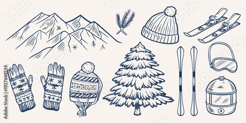 Winter sports and landscape elements in a sketched style illustration