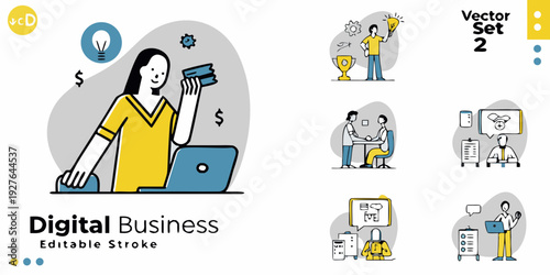 Digital business concepts illustrated with people money and technology