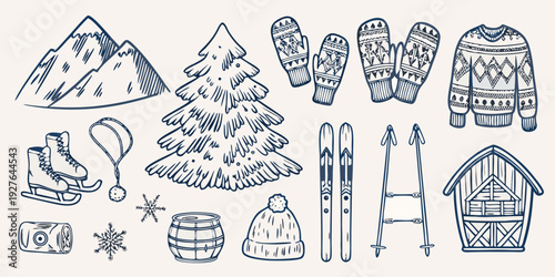 Winter themed sketches featuring mountains trees and cozy seasonal items