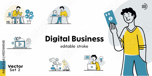 Digital business illustrations depicting online activities and financial growth