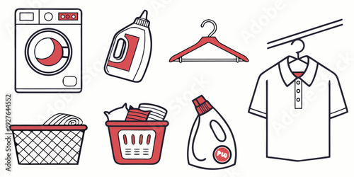 A variety of laundry items including a basket, detergent, and drying rack. Vector