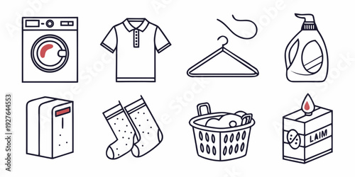 A variety of laundry-related icons including appliances, clothing, and accessories Vector